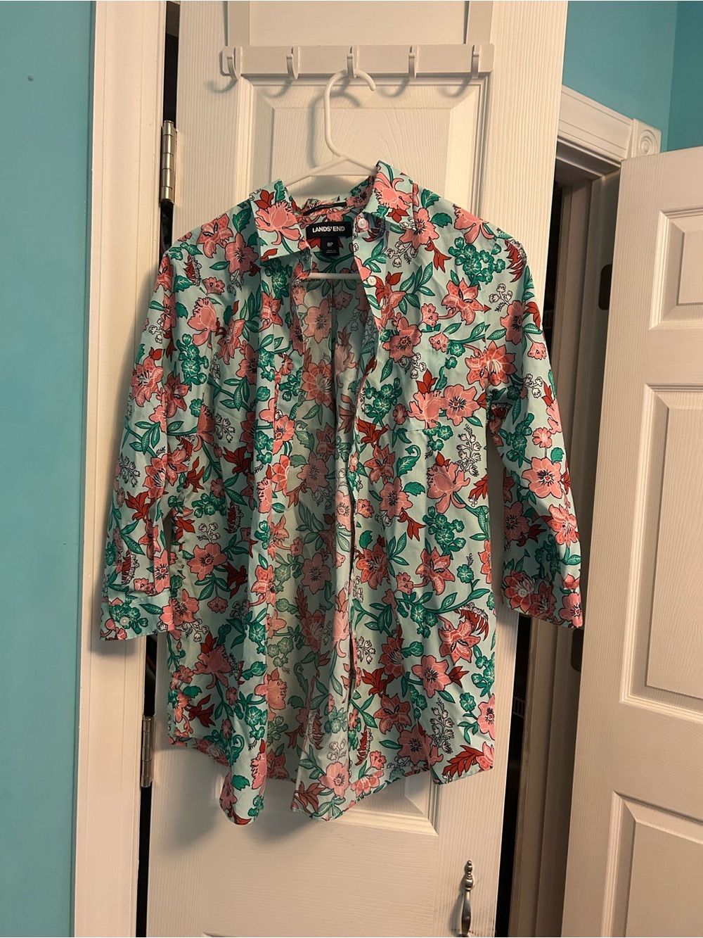 Lands' End Men’s Floral Button-Down Shirt - Aqua & Pink